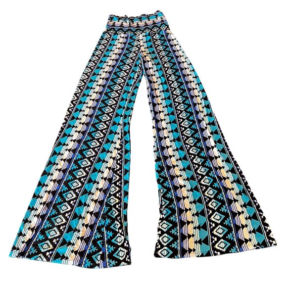 Sure Mine Aztec Print Wide Leg Pants Stretchy High Waist Blue/Black - Picture 1 of 4